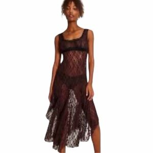 Free People Intimately Just Looking Lace Midi Slip Dress Chicory Coffee Size L